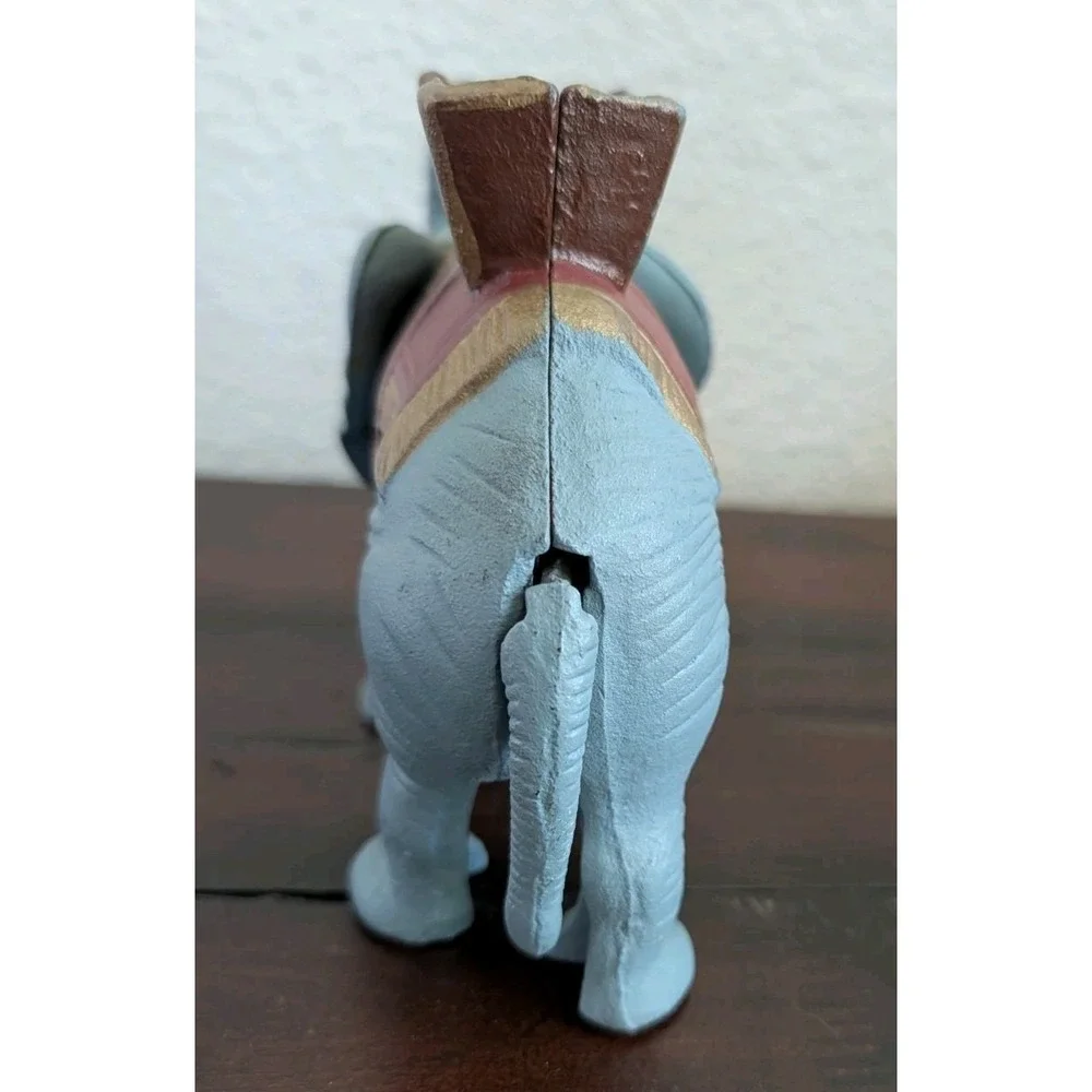 Vintage Cast Iron Elephant Mechanical Coin Bank Trunk Up Howdah Saddle Figurine